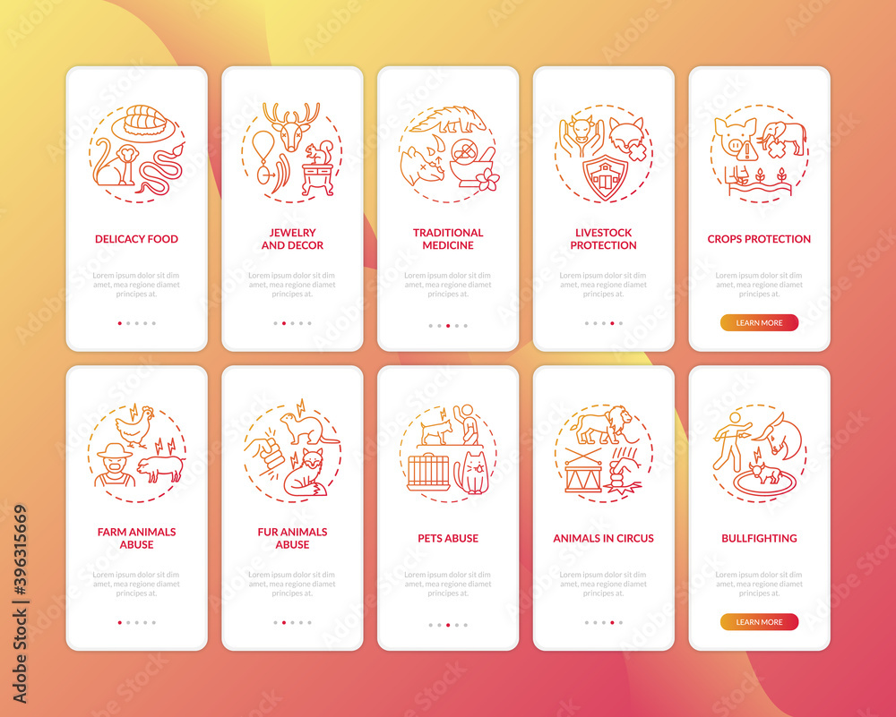 Wildlife conservation red onboarding mobile app page screen with ...