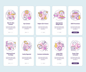 Canvas Print - Breastfeeding and baby food onboarding mobile app page screen with concepts set. Higher iq in future walkthrough 5 steps graphic instructions. UI vector template with RGB color illustrations