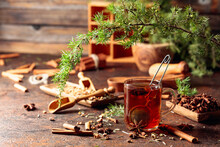 Christmas Herbal Tea With Cinnamon, Anise, And Dried Herbs.