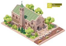 Vector Isometric Church Building. Old Church Or Cathedral, Married Couple After Wedding Ceremony, White Limousine On Street, Green Trees. Isometric City Or Town Map Construction Elements