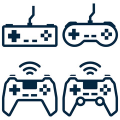 Game pads wireless and wired for control computer and console video games simple line icons set isolated on white background. Modern and retro game pads or game controller icons. Pixel Perfect