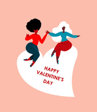 Happy St Valentine Day Celebration14th February.Young Gay Homosexual Loving Relationship.Women Gently Hug Each Other.Romantic Flirting Girlfriend Dating,Fall In Love.Sweeheart Flat Vector Illustration