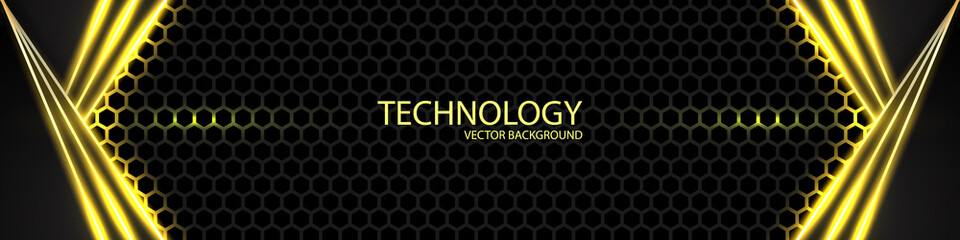 Poster - Abstract triangular black shapes with golden glowing lines on a black carbon honeycomb grid. Bright energy flashes under the hexagon in dark technology illustration.