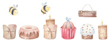 Easter Set, Cakes, Cupcakes, Candles, Wooden Signboards, Bees, Watercolor Illustration