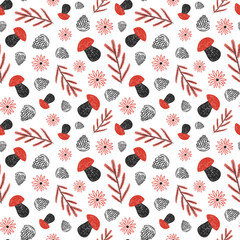 Seamless pattern. Coniferous branches, mushrooms, cones and flowers in black and red colors.