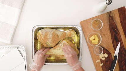 Wall Mural -  Step by step roasted turkey recipe. Great meat with butter. Close up video, white kitchen table background