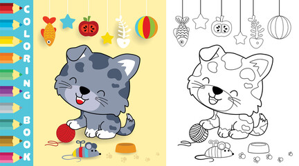 Wall Mural - coloring page or book of cute kitten cartoon with its toys