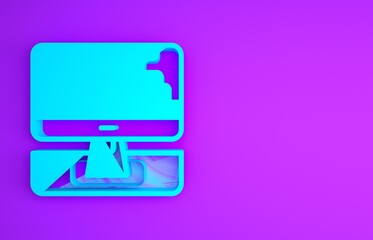 Wall Mural - Blue Computer monitor and folded map with location marker icon isolated on purple background. Minimalism concept. 3d illustration 3D render.