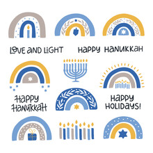 Hanukkah Vector Celebration Typography. Traditional Jewish Holiday. Chanukah Wishes Isolated On White. Handwritten Hanuka Festive Rainbow, Candle, Dreidel, Menorah