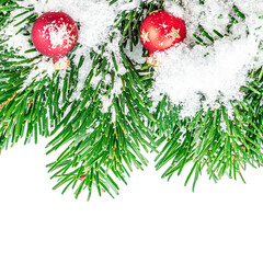 Wall Mural - christmas tree border with holiday decor, red balls and snow. christmas symbols isolated on white ba