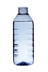 An open plastic, transparent bottle filled with water. Close-up on a white background