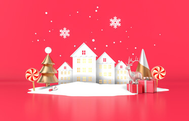 Aufkleber - Red Christmas podium background with Christmas tree. 3d render.