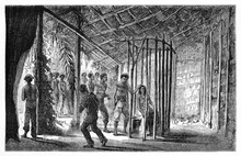 Mundurucu Rite Passage Of A Girl From Adolescence To Youth In A Din Twilight Hut, Amazon Basin. Ancient Grey Tone Etching Style Art By Riou, Biard And Dumont, Le Tour Du Monde, 1861