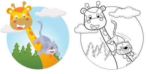 Wall Mural - Funny cartoon of cat slide on giraffe's neck, coloring book or page