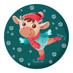 Wall Mural - Cute cartoon cow. Illustration with bull, symbol of the Chinese new year 2021. Cow on ice