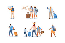People Characters With Bags, Suitcases And Backpack At The Airport Hurry Up For Departure. Travelling Girls, Boys, Family And Couple. Vacation And Tourism Concept. Flat Cartoon Vector Illustration.