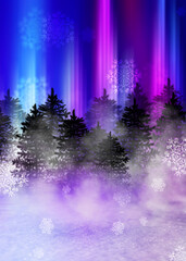 Poster - Dark abstract background. Winter night forest landscape. Silhouettes of fir trees, lit with neon glow, snowdrifts, snowflakes. 3d illustration