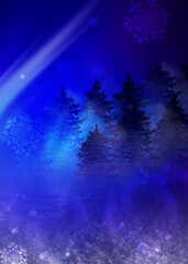 Poster - Dark abstract background. Winter night forest landscape. Silhouettes of fir trees, lit with neon glow, snowdrifts, snowflakes. 3d illustration