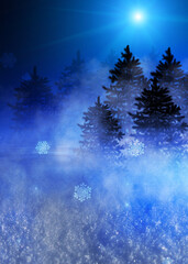 Poster - Dark abstract background. Winter night forest landscape. Silhouettes of fir trees, lit with neon glow, snowdrifts, snowflakes. 3d illustration