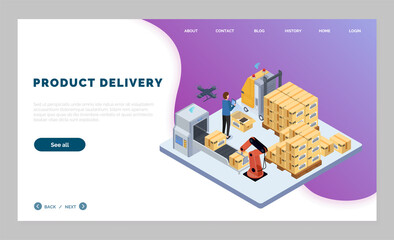 Wall Mural - landing page of website, product delivery. isometric picture, shipping cargo at forklift. drone, fac