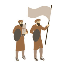 Maccabim - Historical Jewish Soldiers. Bearded. Hold A Flag, A Torah Scroll And Shields.
Flat Vector Drawing.