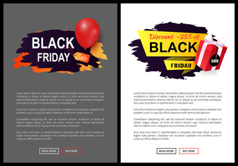 Wall Mural - Promo labels with red balloons vector web poster with text. Black Friday sale tags, advertising badges, info about price reduction, discounts on goods