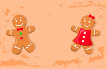 Holiday Gingerbread Of Man And Woman, Smiling Girl In Bright Dress And Boy With Bow And Buttons. Holly Paper Card With Traditional Cookies Vector