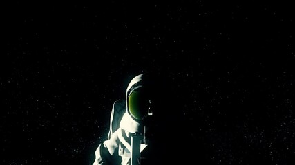 Lone astronaut floating in space, reflection of asteroid and Earth in his helmet. Space and universe exploration