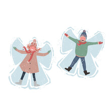 A Boy And A Girl In Winter Clothes Lie In The Snow And Make An Angel Out Of The Snow. Isolated On White Background. Vector Cartoon Illustration.