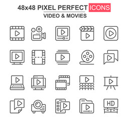 Aufkleber - Video and movies thin line icon set. Film strip, reel, camera, clapperboard, cinema theater, projector unique icons. Outline vector bundle for UI UX design. 48x48 pixel perfect linear pictogram pack.