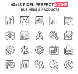 Poster - Business and products thin line icon set. Rocket, chart, goal, finance, capital, scheduler, stock index unique icons. Outline vector bundle for UI UX design. 48x48 pixel perfect linear pictogram pack.
