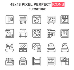 Leinwandbilder - Furniture thin line icon set. Refrigerator, coffee maker, toaster, oven, safe, router, air conditioner unique icons. Outline vector bundle for UI UX design. 48x48 pixel perfect linear pictogram pack.