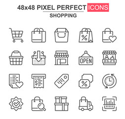 Aufkleber - Shopping thin line icon set. Supermarket basket, trolley, open sign, store, discount label, bill, bags unique icons. Outline vector bundle for UI UX design. 48x48 pixel perfect linear pictogram pack.
