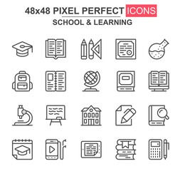 Aufkleber - School and learning thin line icons. Graduation hat, stationery, textbook, microscope, backpack, globe unique icons. Outline vector bundle for UI UX design. 48x48 pixel perfect linear pictogram pack.