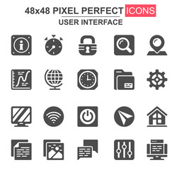 Aufkleber - User interface glyph icon set. Pinpointer, lock, gear, email, magnifier, clock, wifi, settings, search, chart unique icons. Flat vector bundle for UI UX design. 48x48 pixel perfect GUI pictograms pack