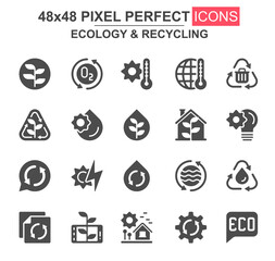 Leinwandbilder - Ecology and recycling glyph icon set. Renewable sources, power generation, green energy, waste recycling unique icons. Flat vector bundle for UI UX design. 48x48 pixel perfect GUI pictograms pack.