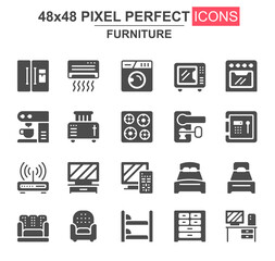 Poster - Home furniture glyph icon set. Refrigerator, coffee maker, toaster, bed, oven, safe, router, air conditioner unique icons. Flat vector bundle for UI UX design. 48x48 pixel perfect GUI pictograms pack.