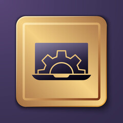 Purple Software, web development, programming concept icon isolated on purple background. Programming language and program code on screen laptop. Gold square button. Vector.