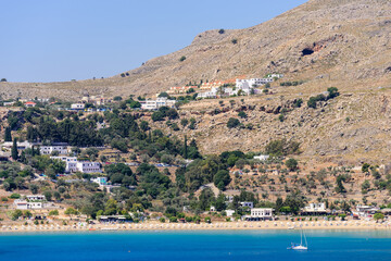 Wall Mural - Sightseeing of Greece. Lindos village is a traditional village with colorful white buildings, Rhodes island, Dodecanese, Greece