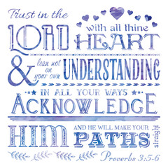 Proverbs 3:5 Bible verse. Christian inspiration. Trust in the Lord with all your heart. Typography bible quote in blues and purple calming colors