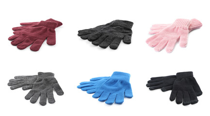 Sticker - Set of woolen gloves on white background. Banner design