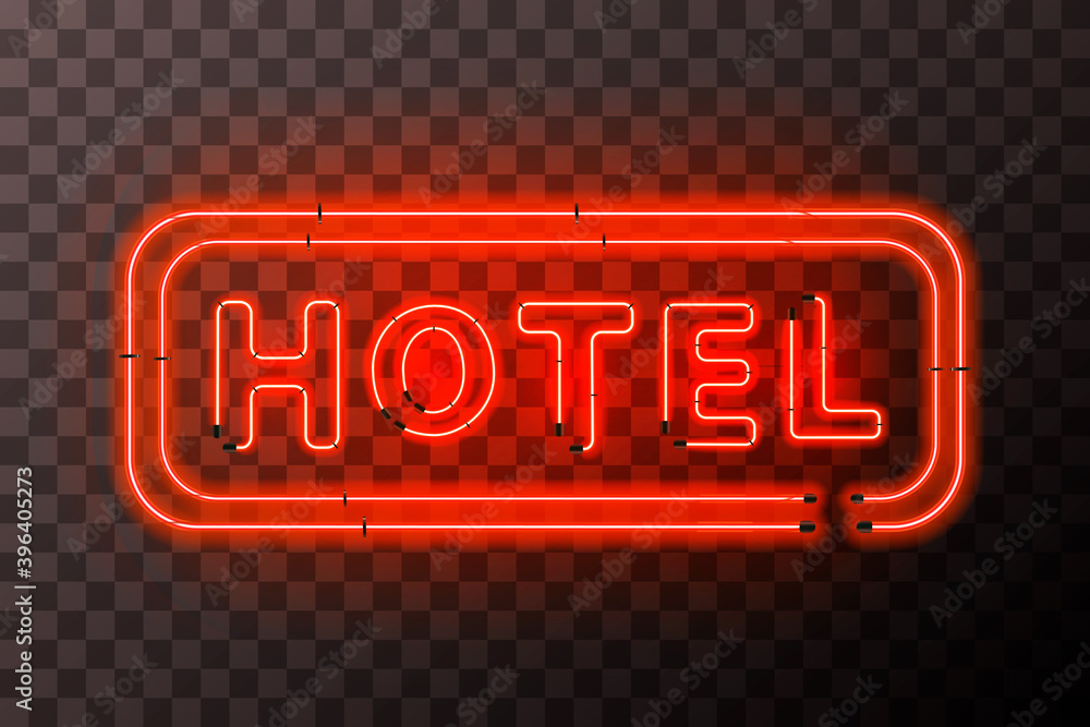 Red Rope Hotel. Sign Bright red neon hotel sign board with rectangle frame on transparent ...