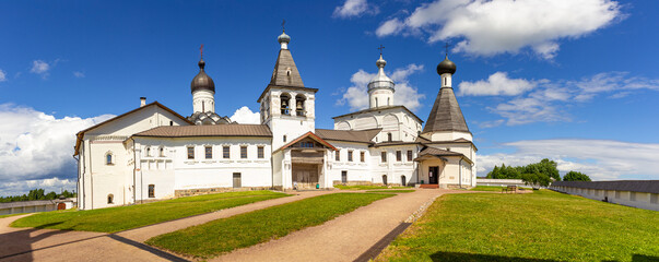 Panaramic view to ancient Ferapontov Belozersky male monastery of XV century. Complex of temples Located on the shore of the Borodaevsky Lake. Russian Orthodox Church. Kirillov. Vologda Region. Russia