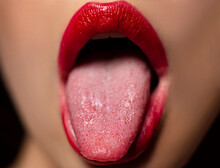 Sensual Open Mouth With Tongue. Sensual Red Lips. Sexy Lips Kiss, Kissing Mouth. Passion Kisses.