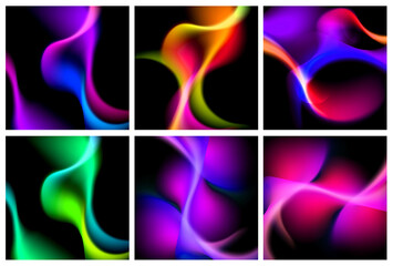 dynamic abstract background with wave flow shapes in bright and neon colors shades on black texture. Futuristic modern curve. Digital motion.