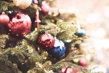 Wall Mural - Toned image of balls on fir branches, pines, lights background; festive Christmas and New Year celebration vintage card, selective focus, shallow DOF