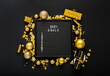 © Beton Studio - Numbered list of 2021 Goals on black Board in frame made of gold festive decor gift boxes confetti. New year eve 2021 goals, resolution check list with motivation. Flat lay square Copy space