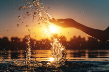 Closeup Of Girl Hand Silhouette Play Or Splash Water In Lake On Beach At Sunset
