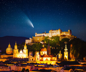 Wall Mural - starry sky over the salzburg city at night.