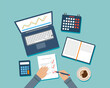 © Intpro - Cartoon Flat Style Top View Vector Illustration On Blue Background. Desktop With Different Office Items. Hands Of Businessman Writing On Paper, Calculator, Calendar, Planner, Coffee And Laptop Near